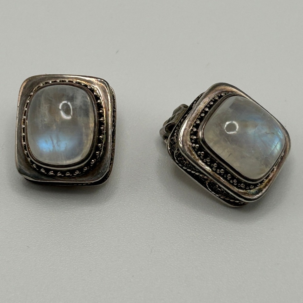 Vintage Lori Bonn 925 Sterling Silver Moonstone Square Filigree Clip On Earrings